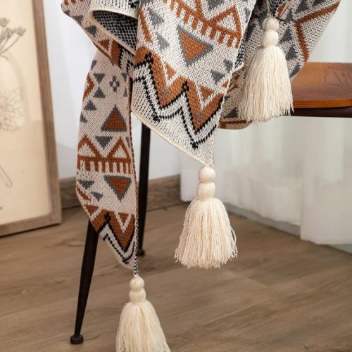 Nordic Bohemian Knitted Throw Blanket with Tassels