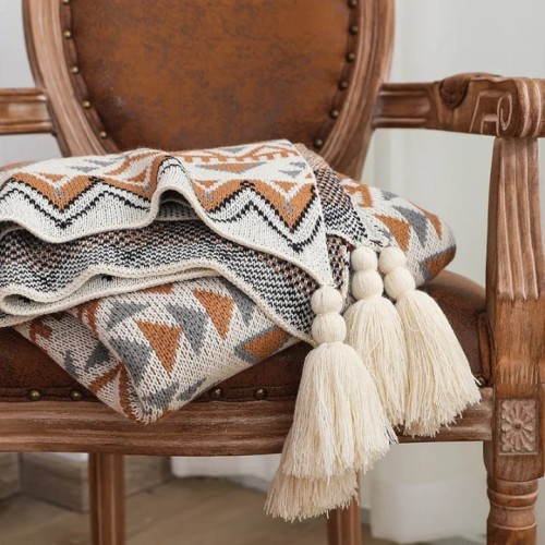Nordic Bohemian Knitted Throw Blanket with Tassels