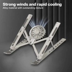Adjustable aluminum laptop stand with a built-in cooling fan
