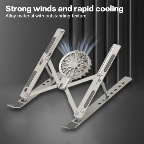 Adjustable aluminum laptop stand with a built-in cooling fan