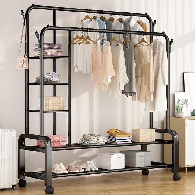Double Layer Garment Floor Standing Rack – Stylish, Mobile & Spacious Storage Solution