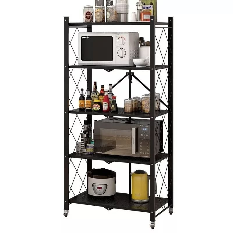 Foldable Kitchen Metallic Storage Rack with Wheels
