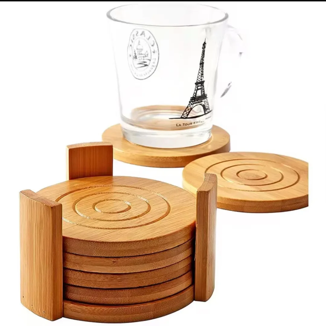 6PCS Round Bamboo Coaster Set