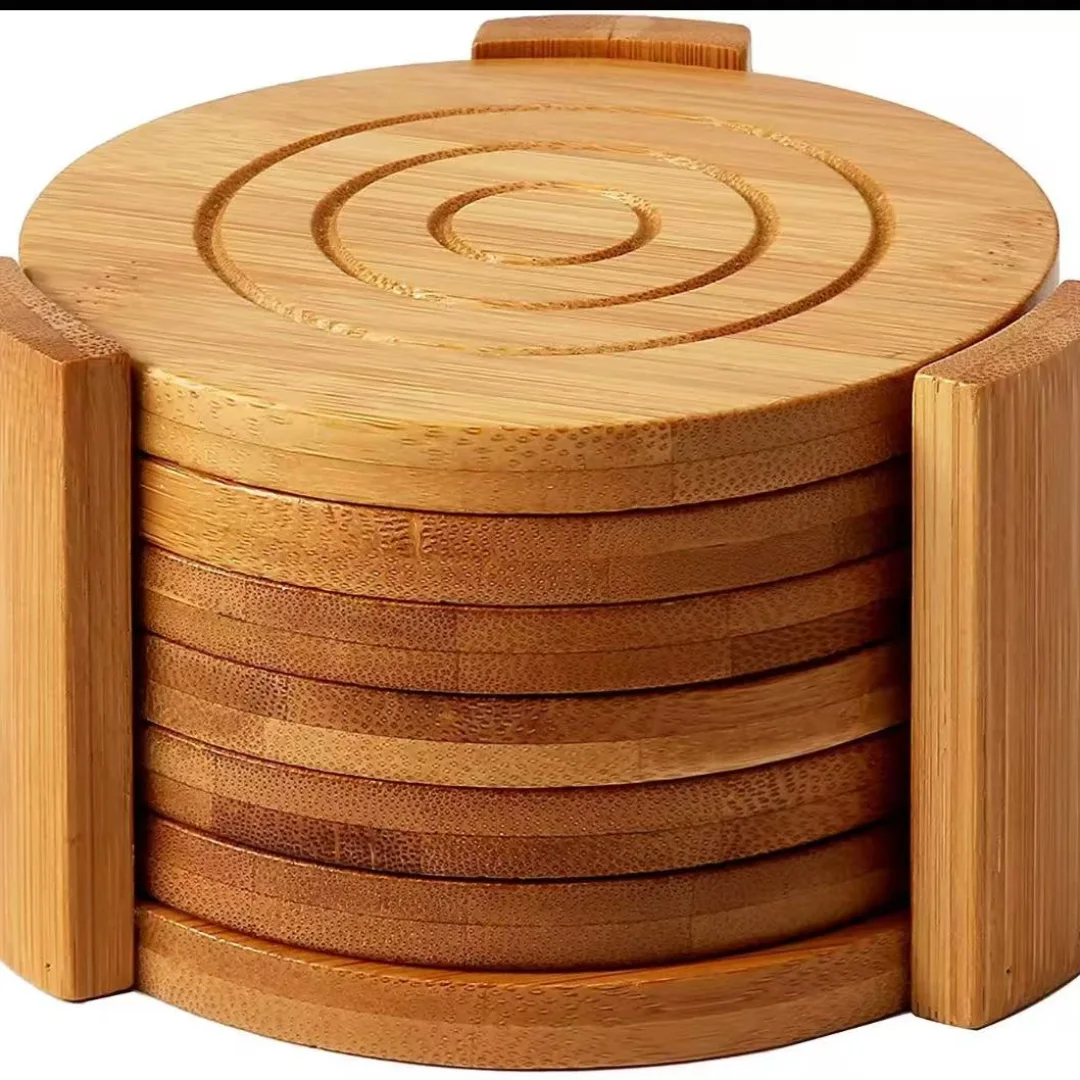 6PCS Round Bamboo Coaster Set